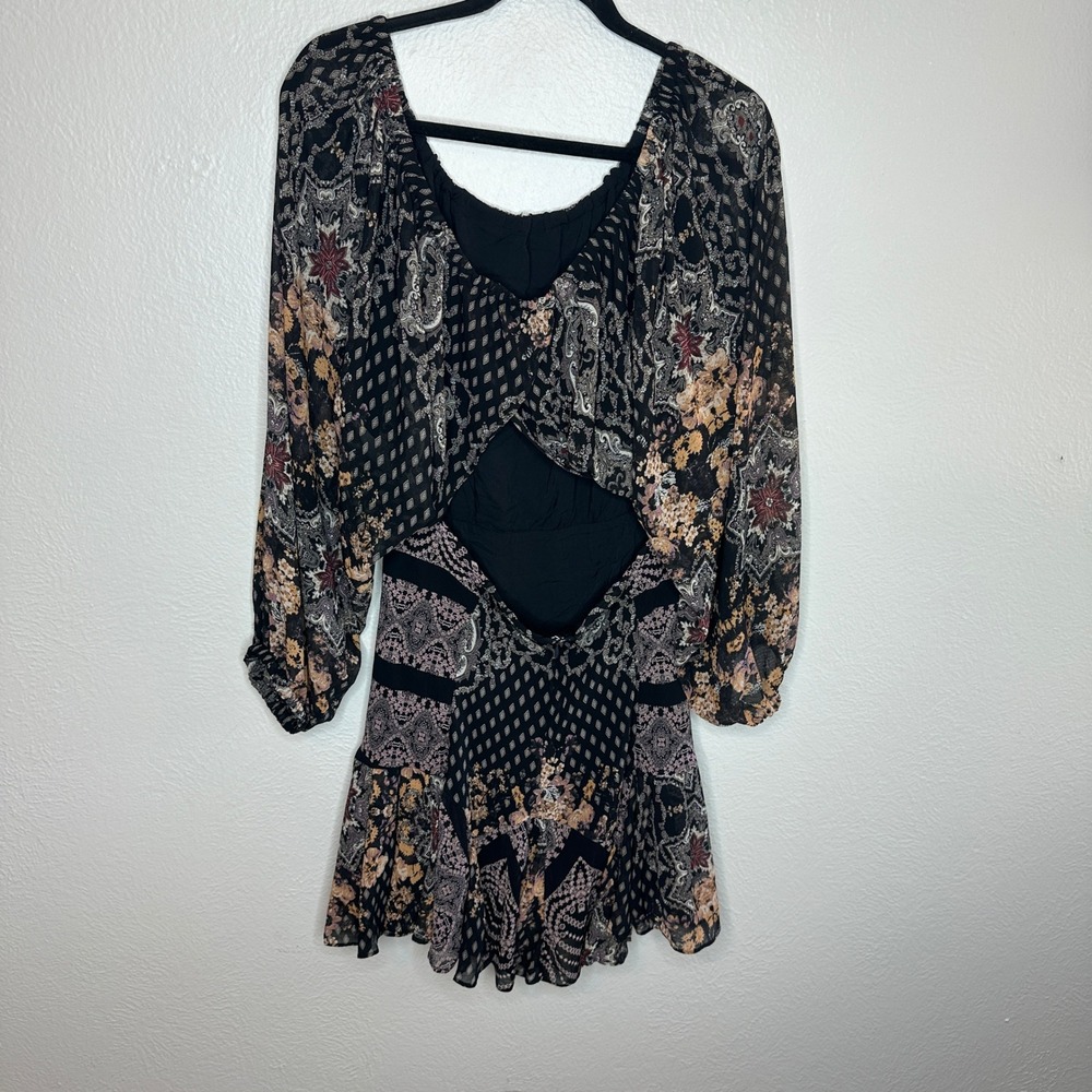 Free People Seven Wonders Mini Dress Black Paisley Boho Size Large NWT - Picture 7 of 10